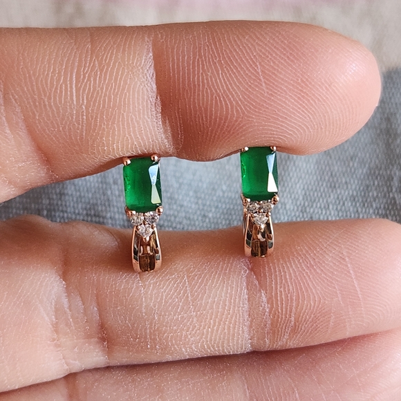 New 14K Gold Plated Emerald Cut Emerald Diamond Hoop Earrings for Women - Picture 3 of 10